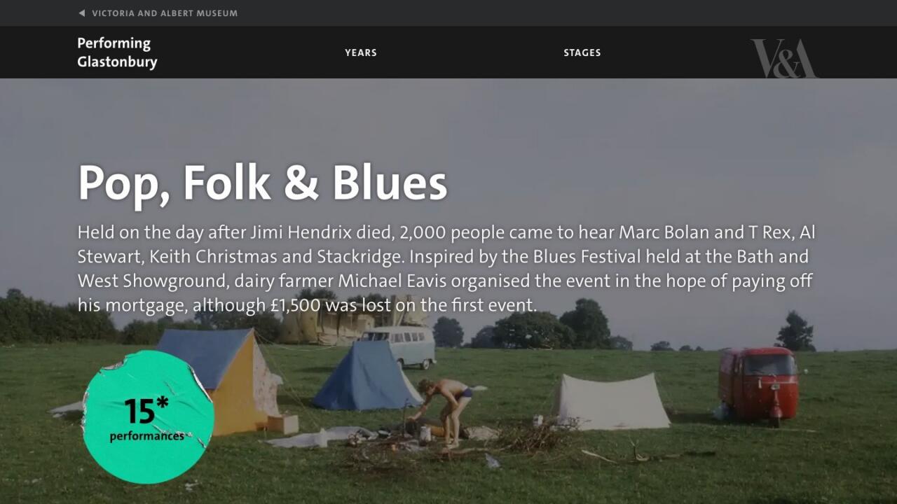 The 1970 festival page, titled Pop, Folk and Blues, over a photograph of tents in a field, with a badge reading fifteen performances catalogued so far.