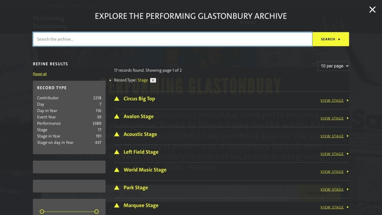 The archive search overlay, showing results filtered to stages alongside record type facets with counts for performances, contributors and stages.