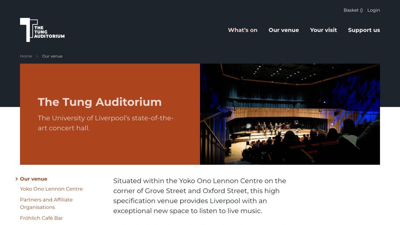 The Our Venue page of the Tung Auditorium website, with a photograph of the concert hall during a performance, the stage lit and the audience seated.
