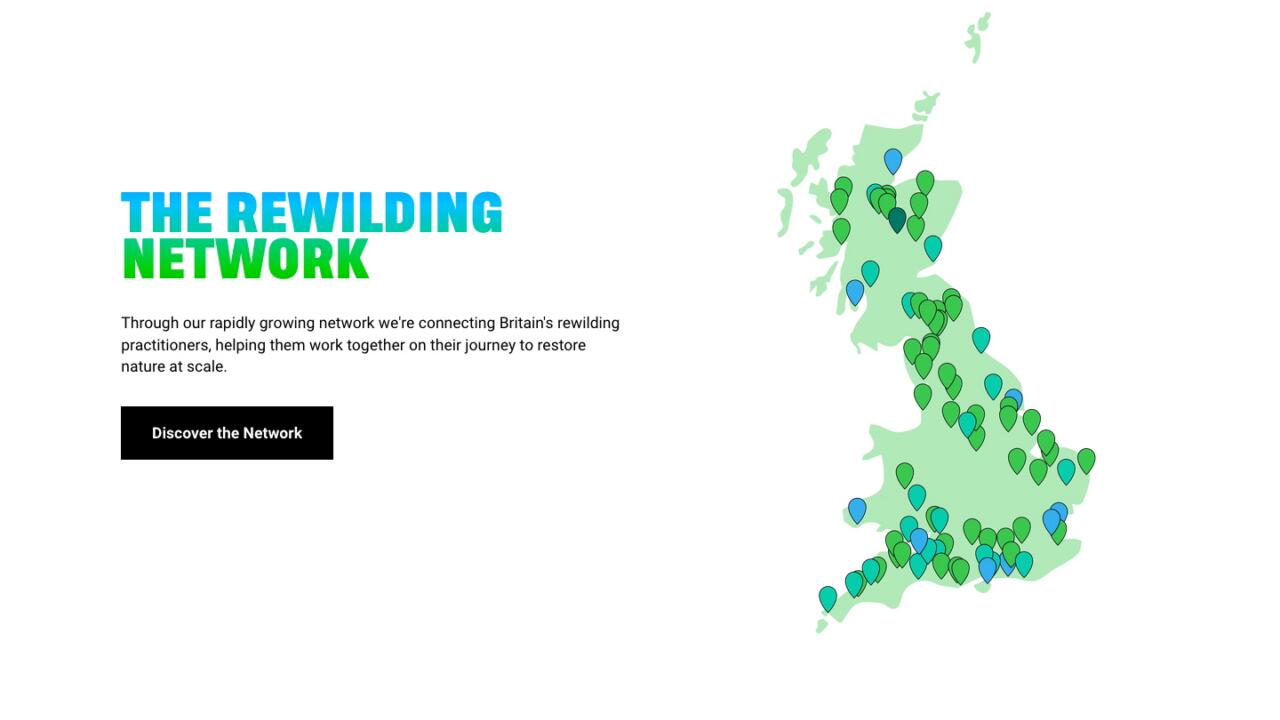 The Rewilding Network section of the Rewilding Britain website, with a map of Britain marked with member project locations.