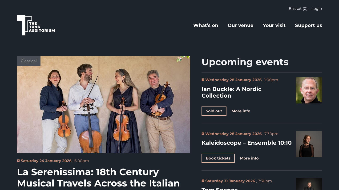 The Tung Auditorium website homepage, listing upcoming events beside a welcome section.