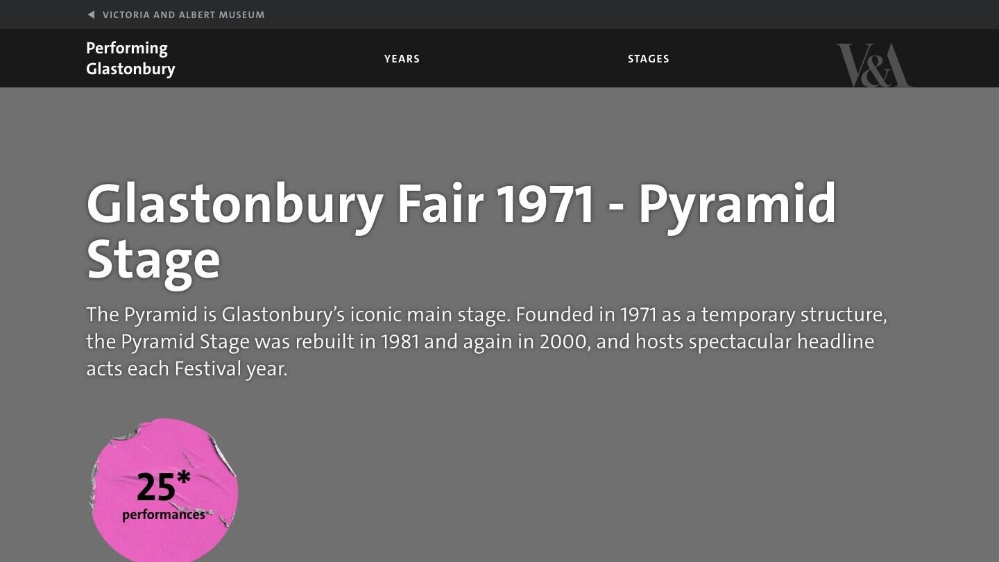 The Pyramid Stage 1971 record page, with no photograph available, showing a badge reading twenty five performances catalogued so far.
