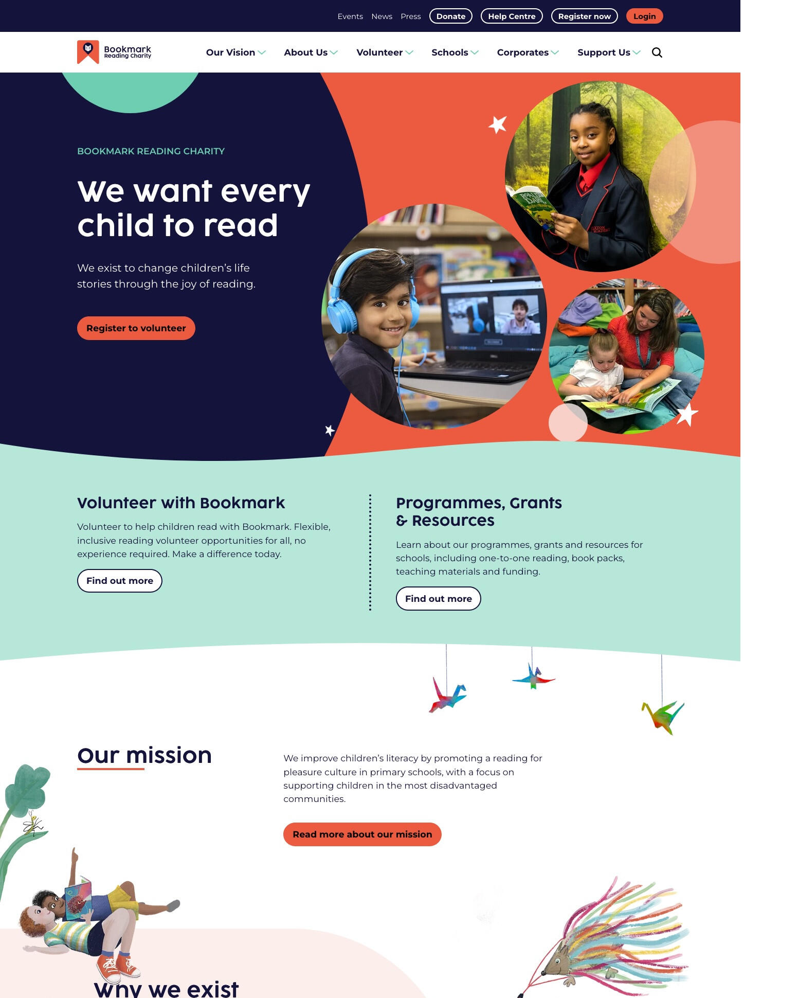 The Bookmark Reading Charity website shown as a full-length page.