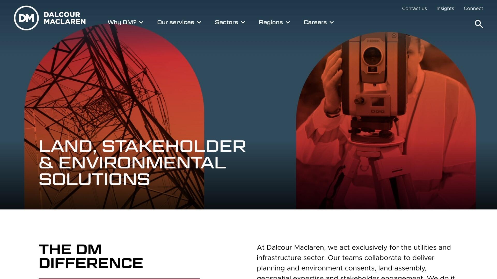 The top of the Dalcour Maclaren homepage: the DM logo and navigation on navy, two arched photos of an electricity pylon and a surveyor at a total station, and the headline “Land, stakeholder & environmental solutions”, with the start of “The DM Difference” below.
