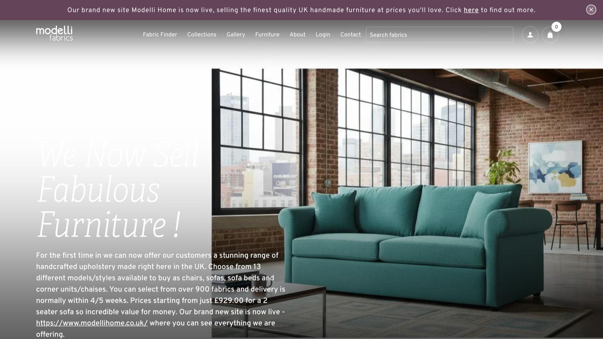 The Modelli Fabrics homepage, with a teal sofa in a loft interior, a fabric search box and a basket, above panels for worldwide delivery and free samples.