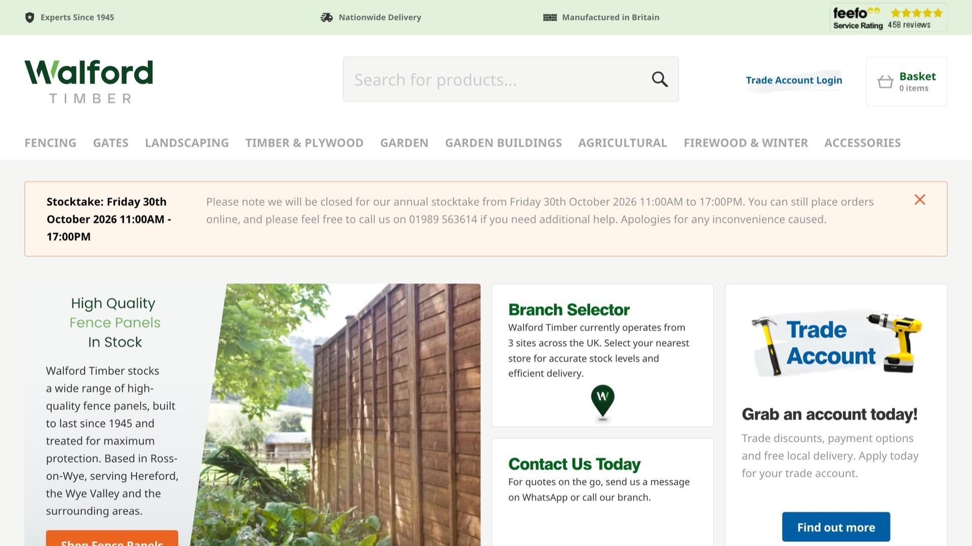 The Walford Timber homepage, with a trade account login, a basket, a branch selector for picking your nearest yard, and an editable site-wide notice about a stocktake closure.