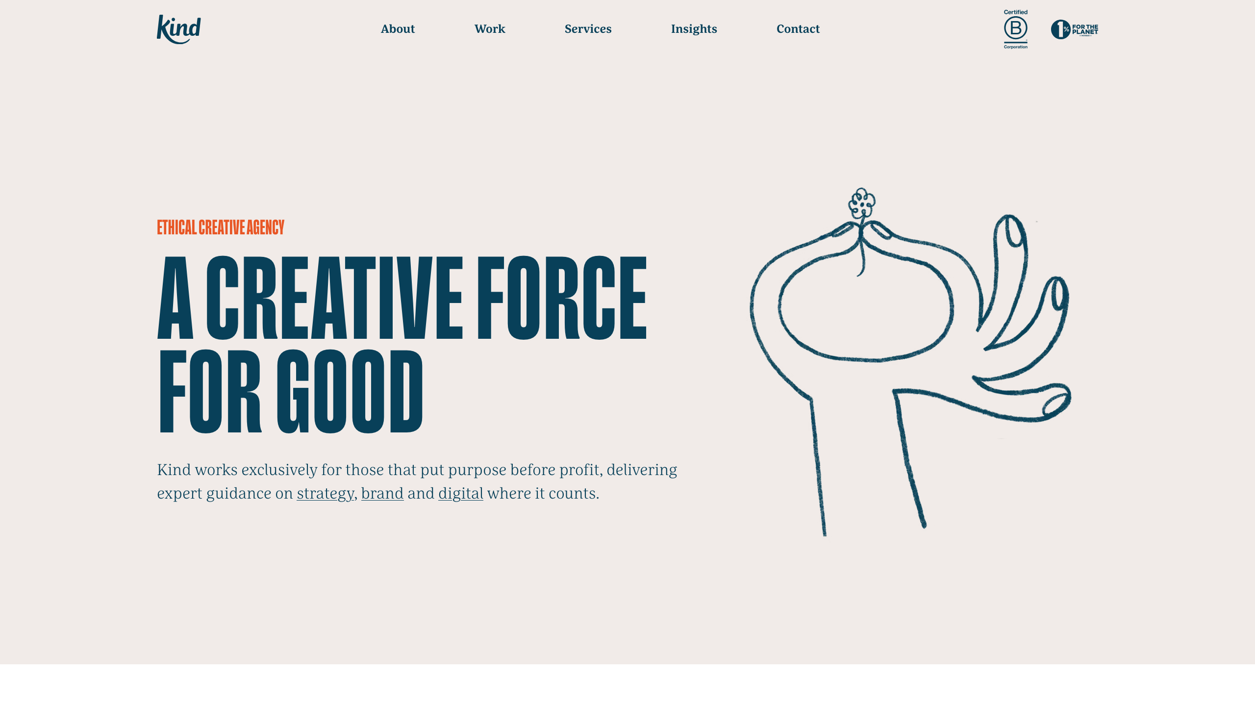 The Kind homepage, an ethical creative agency for charities and non-profits.