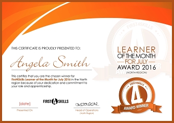 First4Skills Learner of the Year Month Winner 2016 Certificate