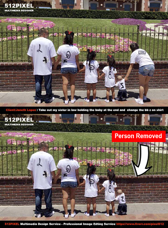 Photoshop edting: remove the woman on the right and alter baby tshirt letter z