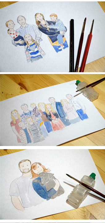 Watercolor illustrations of family portraits