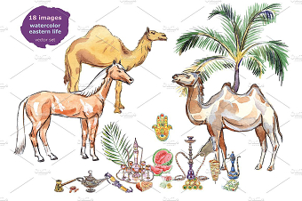 Watercolor eastern life vector set