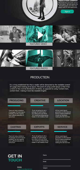 Web design page for Photo and video production company