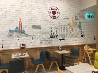 Costa Coffee London Cityscape Mural Drawing Westfield Shepards Bush