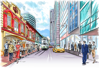 Singapore and Hong Kong, editorial illustration