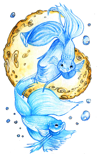 Golden moon and blue fish