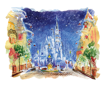 Watercolor illustration of Disneyland in Florida, USA