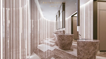 Spacious bathroom interior design with Sink Island Layout
