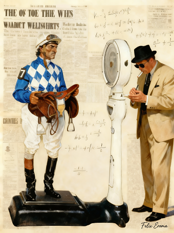 Jockey weighing himself on the scales
