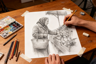 Old woman at the market illustration