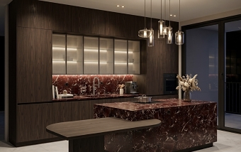 Dramatic Red Marble & Dark Wood Kitchen Interior