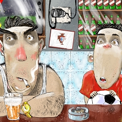 Football at the local pub. Portuguese dad and son.