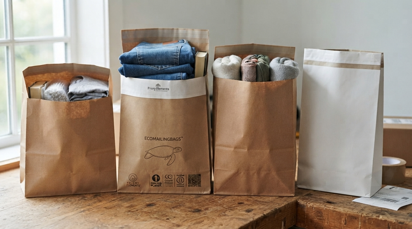 The four paper mailing bag styles — wallet, bottom gusset, side gusset and block bottom — shown side by side