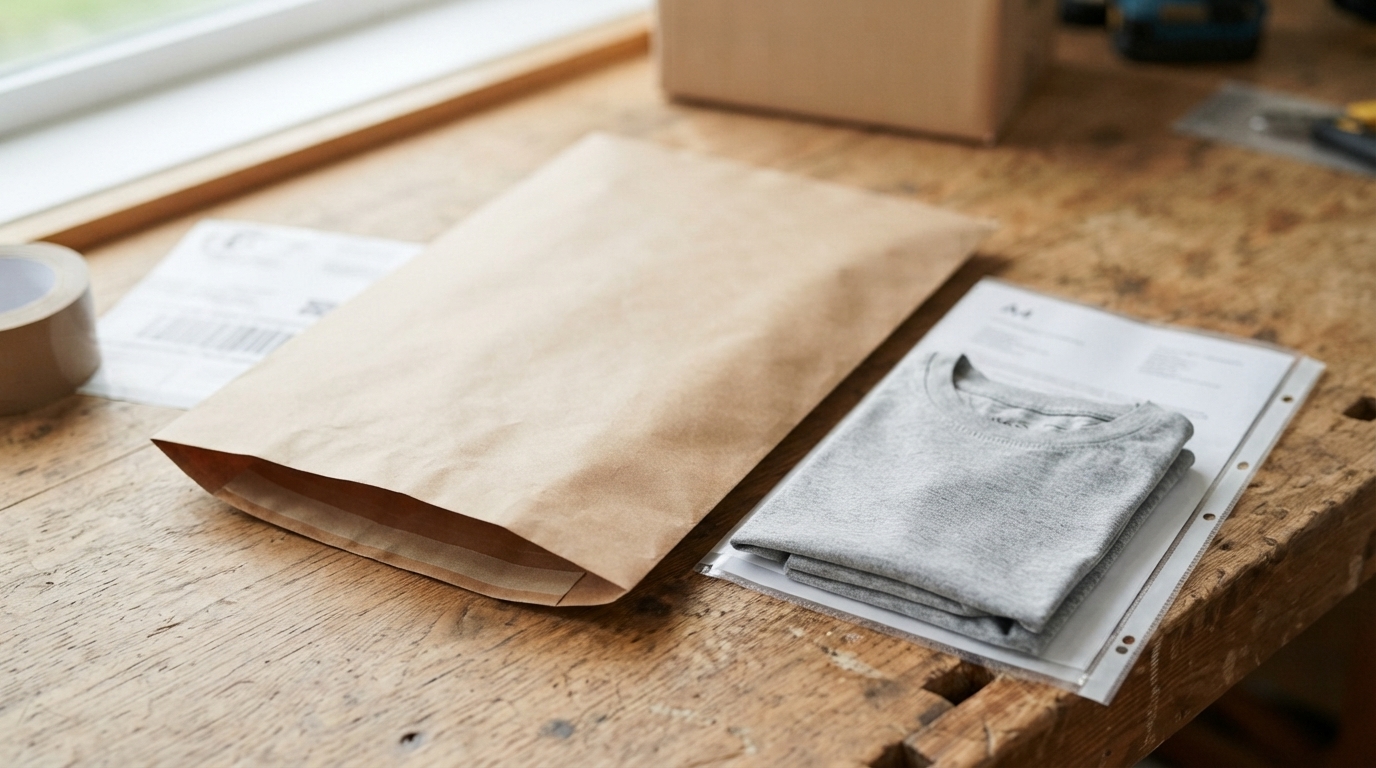 Flat wallet-style paper mailing bag with no gusset, shown with a slim folded item