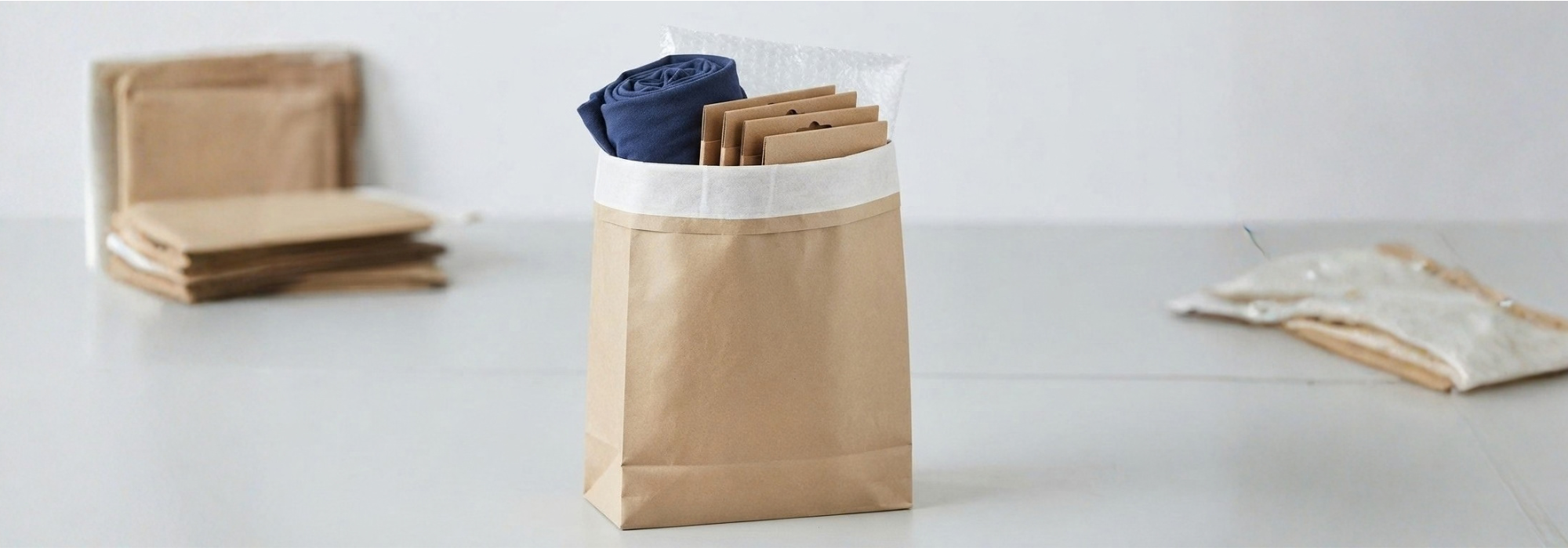 Block bottom paper mailing bag standing upright on its boxy base, holding a bulky order