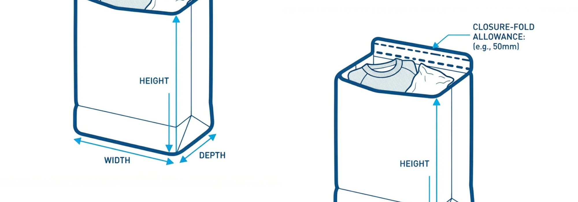 Diagram showing how to measure a product's width, height and depth, plus room for the closure fold