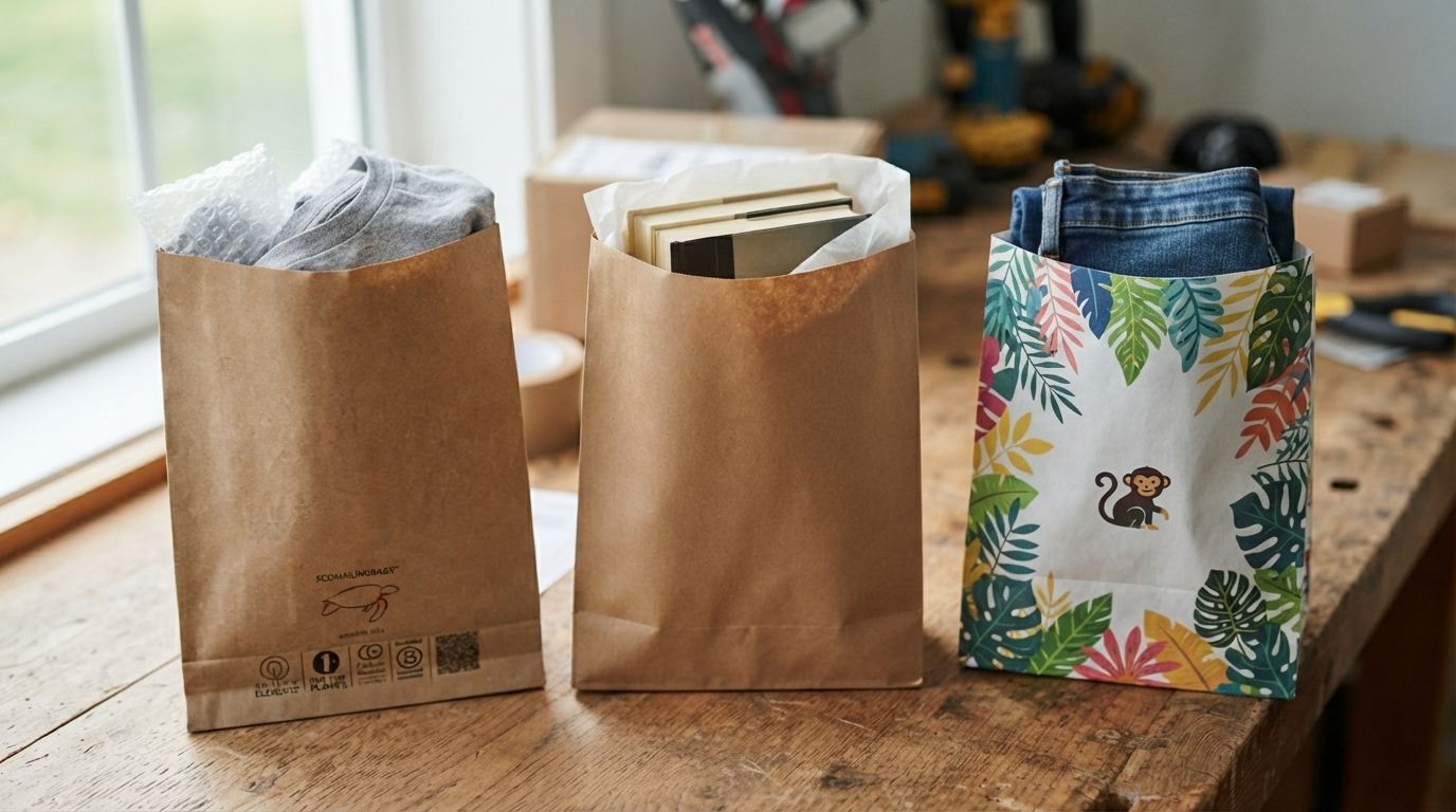 Priory Elements EcoMailingBag, plain kraft paper mailing bag and a custom printed bag shown together