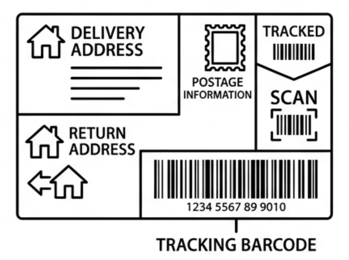 Royal Mail despatch label showing address, barcode and postage fields