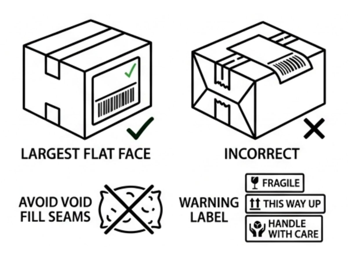 Label applied correctly to the largest flat face of a cardboard box