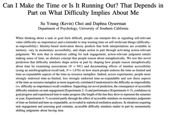 A research paper discusses how difficulty perceptions influence task engagement, emphasizing mindset impacts on judgments about time.