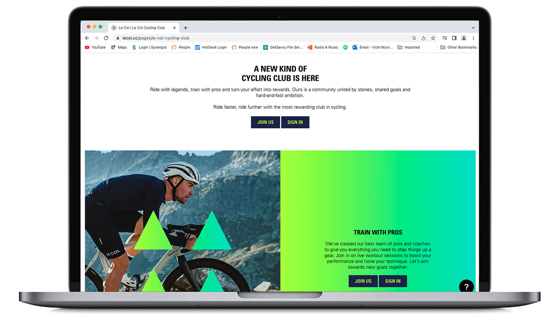 Le Col Cycling Club app home screen