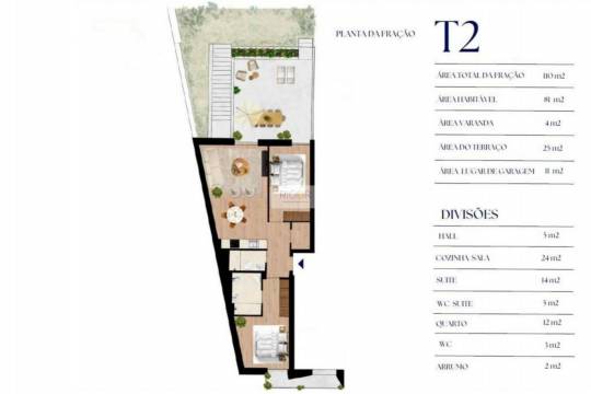 Apartamento T2 com terraço, varanda e garagem ao Pólo Universitário