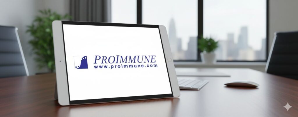 ProImmune logo on a tablet on a desk in an office