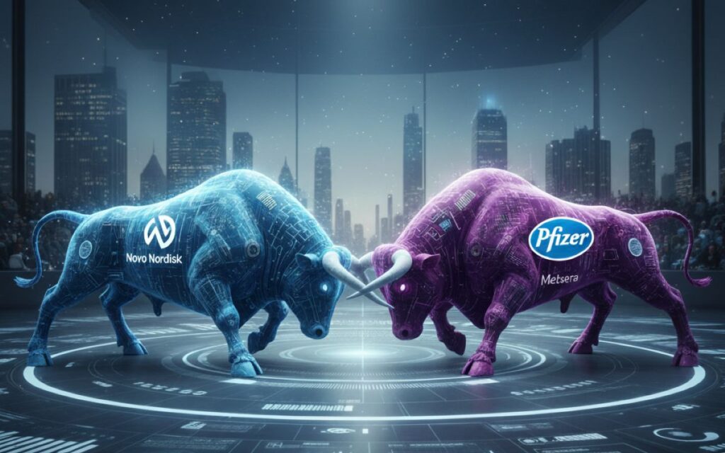 two bulls locking horns one from novo nordisk and the other from pfizer