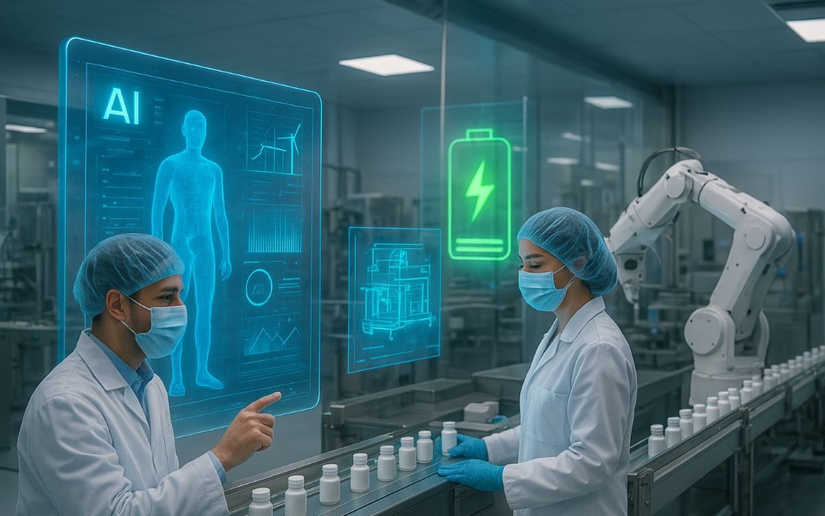 A modern, futuristic pharmaceutical manufacturing environment blending advanced AI interfaces with human operators, featuring holographic data displays, digital twins, robotic arms, and sustainable green-energy elements—capturing the harmony between technology, people, and innovation at the heart of Pharma 5.0.