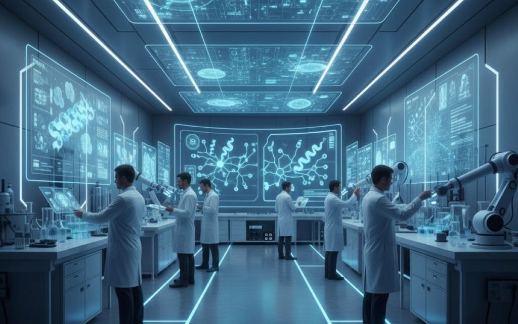Concise and Direct: Futuristic life sciences lab with scientists using AI-powered holographic displays and tablets to analyze DNA strands and molecular models.