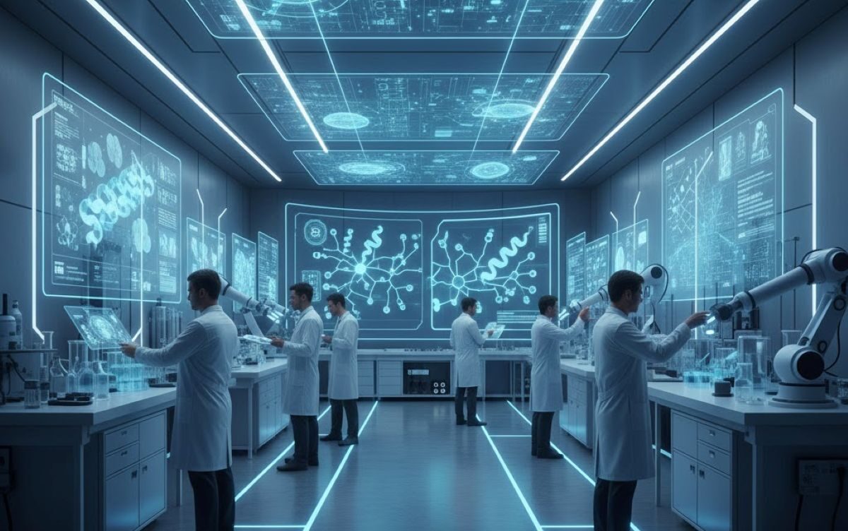 Concise and Direct: Futuristic life sciences lab with scientists using AI-powered holographic displays and tablets to analyze DNA strands and molecular models.