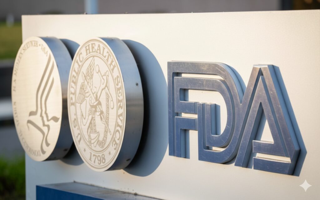 FDA logo outside U.S. Food and Drug Administration building highlighting novel drug approvals in 2025