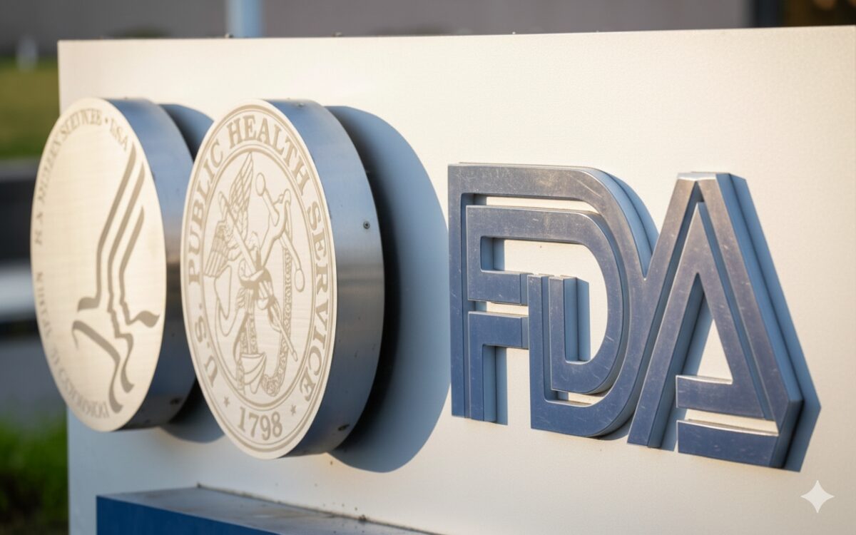 FDA logo outside U.S. Food and Drug Administration building highlighting novel drug approvals in 2025