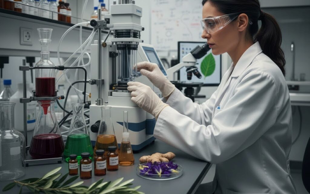 Scientist analyzing plant extracts in a lab, illustrating natural products driving anti-cancer drug discovery