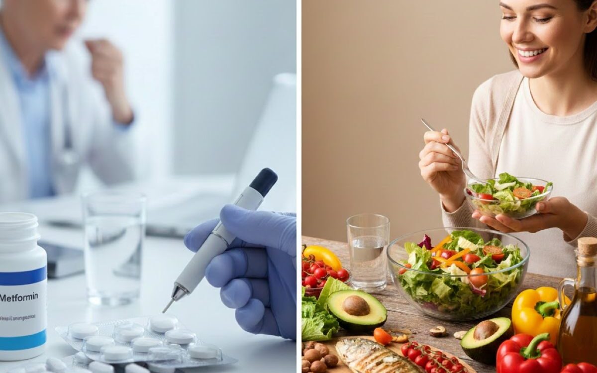 Split image showing metformin tablets and diabetes medication alongside a woman eating a healthy meal, illustrating medical and dietary approaches to type 2 diabetes management.