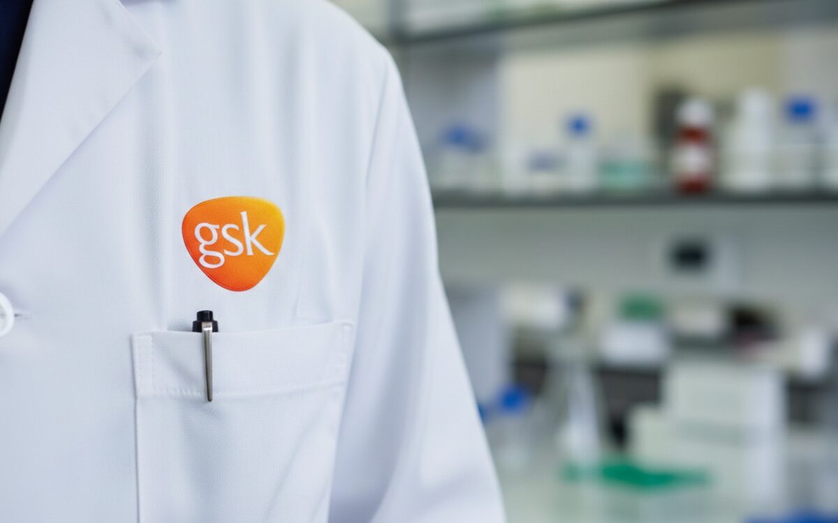 GSK-Logo-on-Lab-Coat-jpg GSK logo on laboratory coat representing immunology and biotech acquisition activity