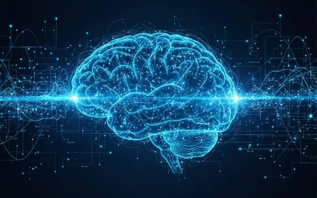 Abstract digital illustration of a human brain with glowing blue neural pathways, representing the mechanism of neuroplastic pain and nervous system retraining.