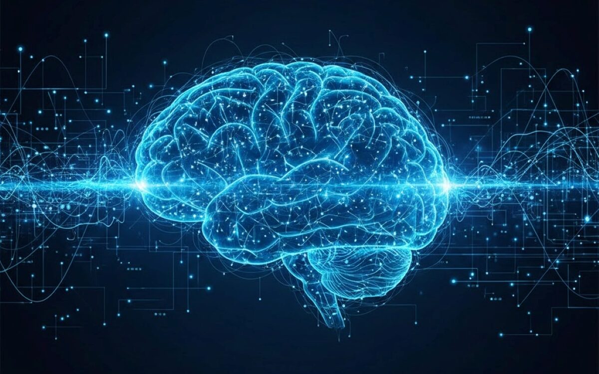 Abstract digital illustration of a human brain with glowing blue neural pathways, representing the mechanism of neuroplastic pain and nervous system retraining.