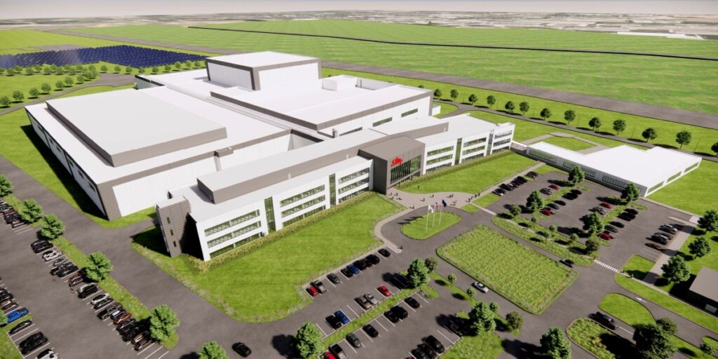 Architectural rendering of the new $3.5 billion Lilly Lehigh Valley manufacturing campus in Fogelsville, Pennsylvania, designed for advanced injectable medicine and device production.