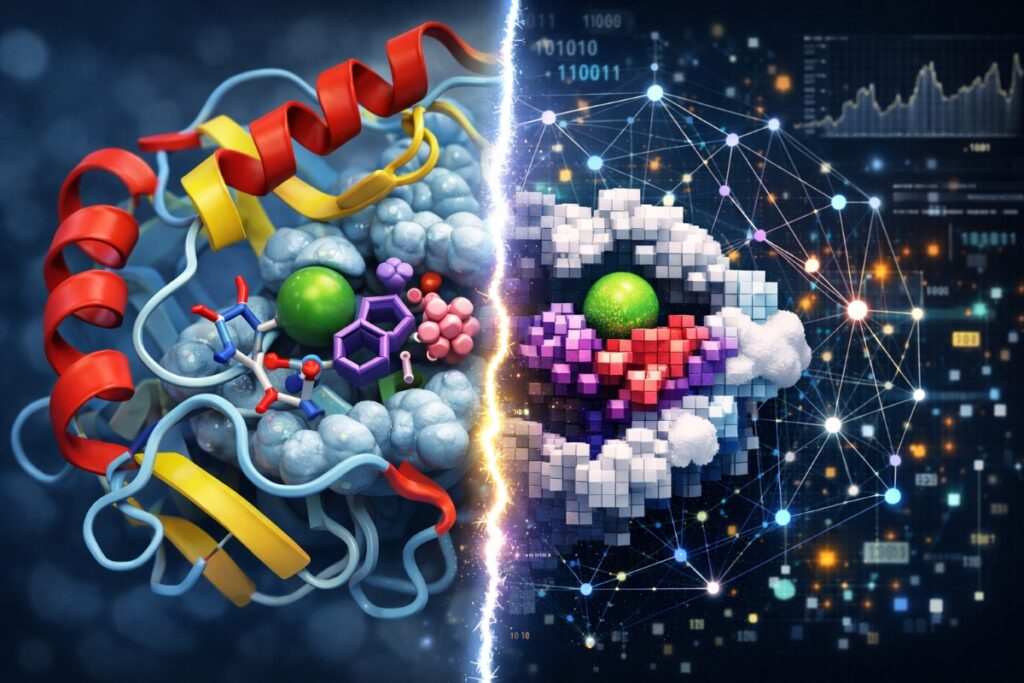 Visualization of AI/ML informing enzyme catalysis, showing a 3D ribbon model of an enzyme active site transitioning into a generative neural network mesh