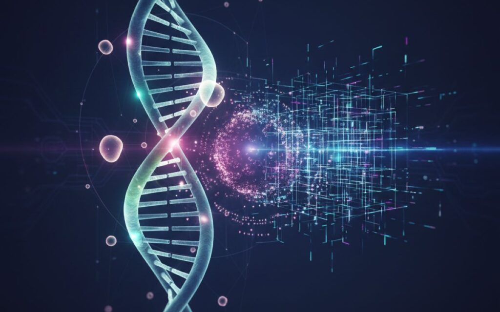 Abstract digital artwork blending medical and artificial intelligence motifs.